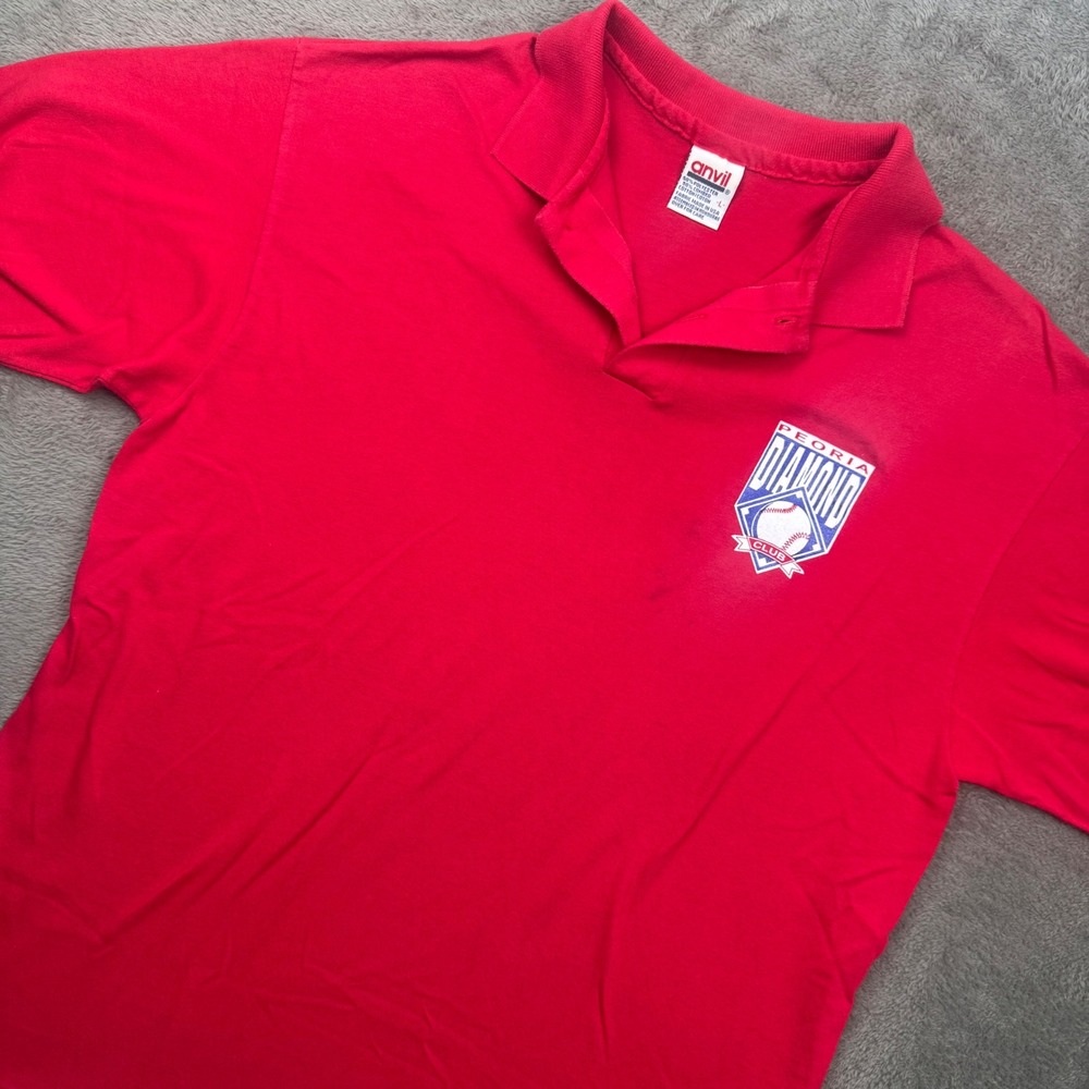 Anvil Peoria Diamond Club Baseball Polo Shirt Mens Large Red Vintage 90s Graphic